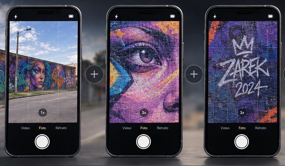 Tres teléfonos fotografían un mural a distintas distancias: la vista general de la calle, el detalle del rostro y la firma del artista.