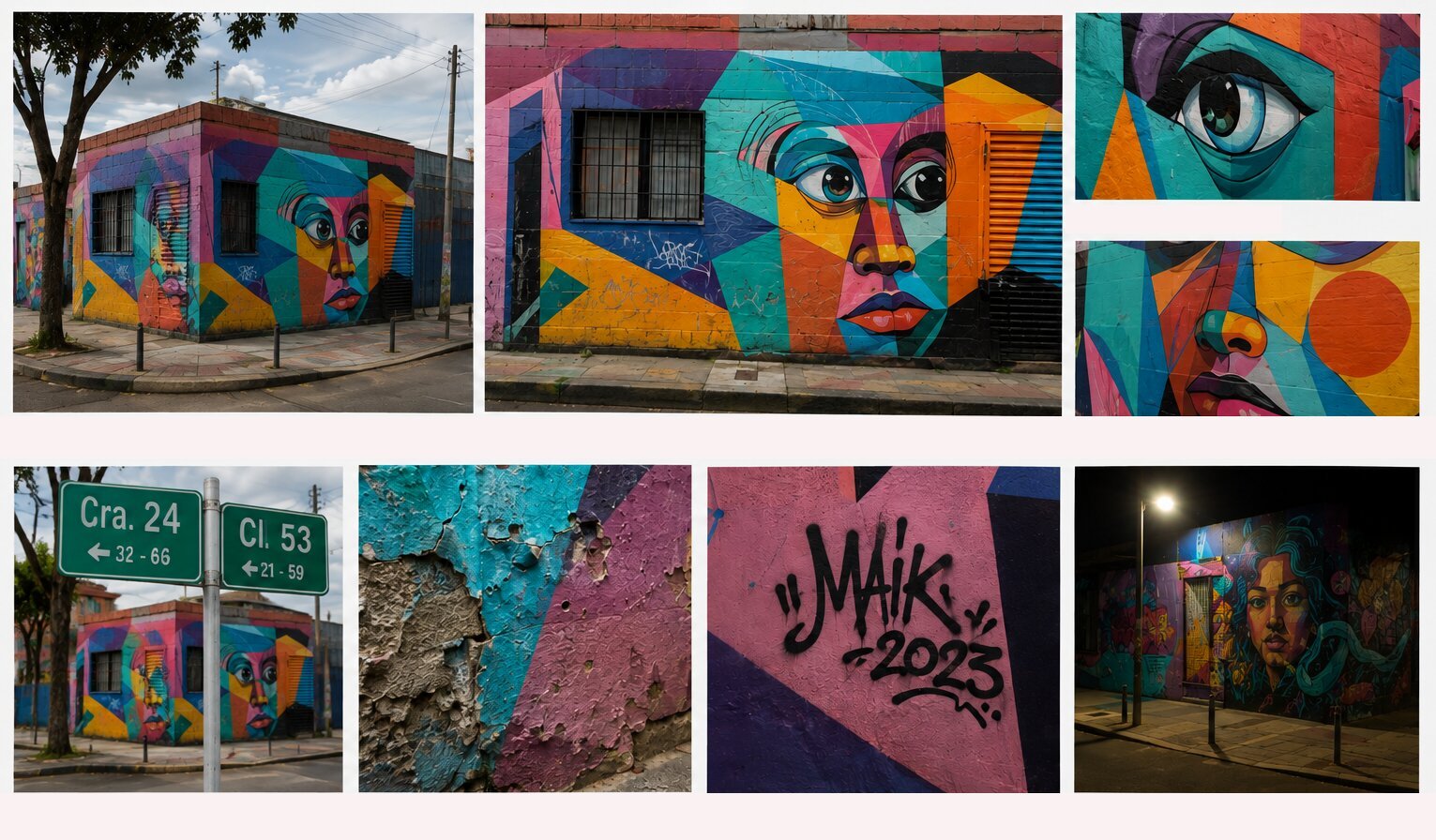 Collage de un mismo muro esquinero documentado por completo: la fachada en contexto, la obra de frente, sus detalles, la firma del artista y la señal de la calle donde vive.